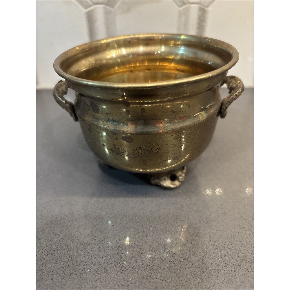Vintage Brass Pot With Cast Brass Handles And Feet - Made In India - Picture 4 of 8